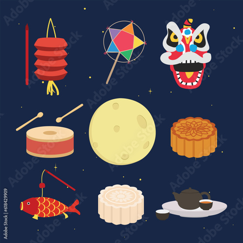 Mid Autumn Festival or Moon Festival vector set. Lantern, lion dance, drum, full moon, moon cake, tea set cartoon clipart, flat design