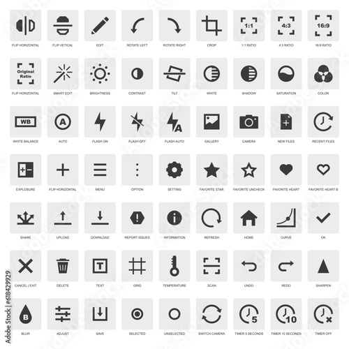 Photo editor app icon set. Crop, flip, rotate, filter, brightness, contrast, silhouette sign icon symbol pictogram vector illustration