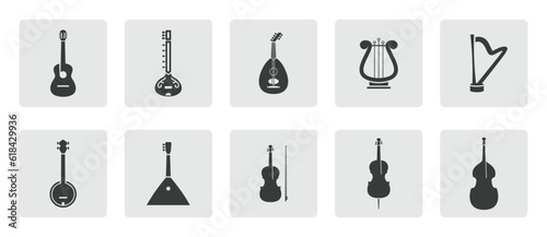 String instruments icon set. Guitar, violin, cello, lute, harp, lyre, banjo sitar, balalaika silhouette sign icon symbol pictogram vector illustration photo