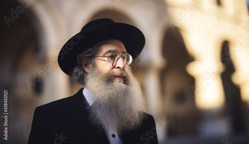 Prayer, jewish and senior with old man in city for worship, holy and spirituality. Praying, ai generated and connection with rabbi and traditions for faith, mindfulness and orthodox traditions photo