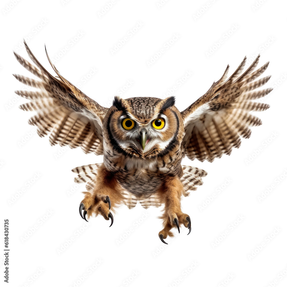 wild owl flying towards the camera, sinister predatory look, big eyes, wingspan, hunting pose, isolated wild owl flying towards the camera, sinister predatory look, big eyes, wingspan, hunting pose, isolated
