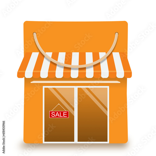 Shop or store shaped with orange shopping bag and there is an order confirm icon pop up above and in front of entrance door there is SALE sign hanging,vector for shopping promotion advertising design