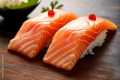 Close-up top view of ingredients sushi with salmon, Japanese food. AI Generated.