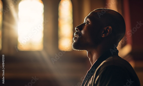 Obraz na płótnie Prayer, christian and thinking with black man in church for god, holy spirit and spirituality