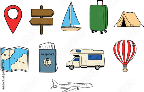 Travel, trip, summer, vacation icons, colorful icons, vector icons, traveling van, plane, boat, balloon, eps icons, illustration, graphics, set of icons, hand drawn (ID: 618431746)