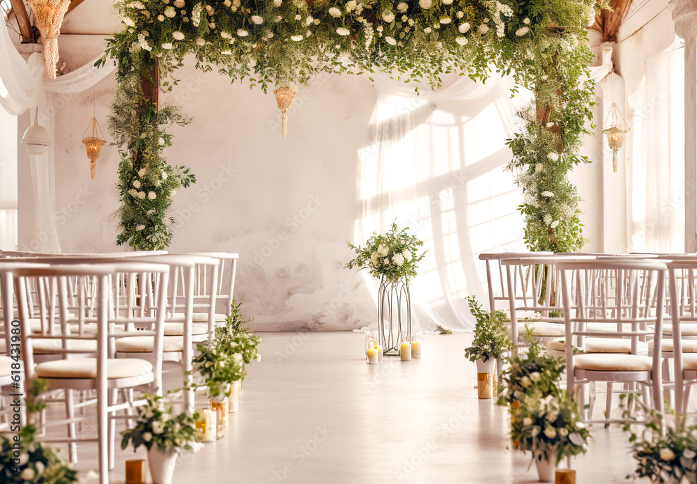 Beautiful interior of wedding with big window and flowers. Generative AI