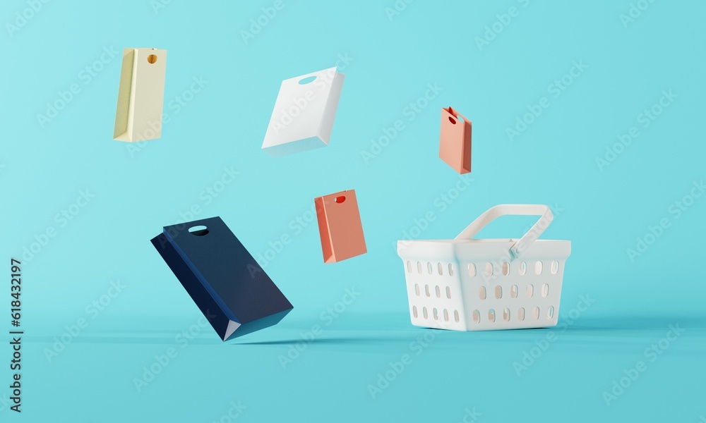 shopping basket and paper bags.online store banner,delivery and shopping online concept.3D rendering illustration shopping basket and paper bags.online store banner,delivery and shopping online concept.3D rendering illustration