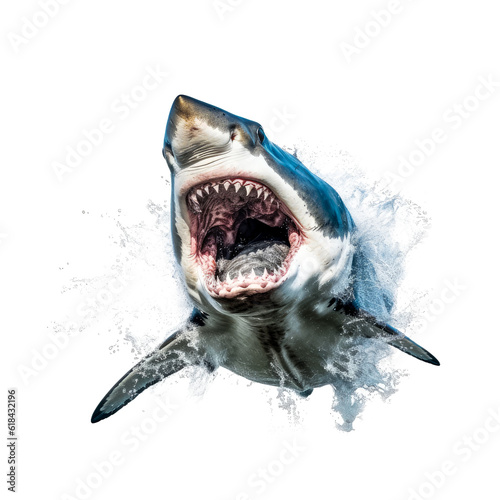 close-up portrait of a wild shark, attacks, jumps towards the camera, angry animal grin, isolated.