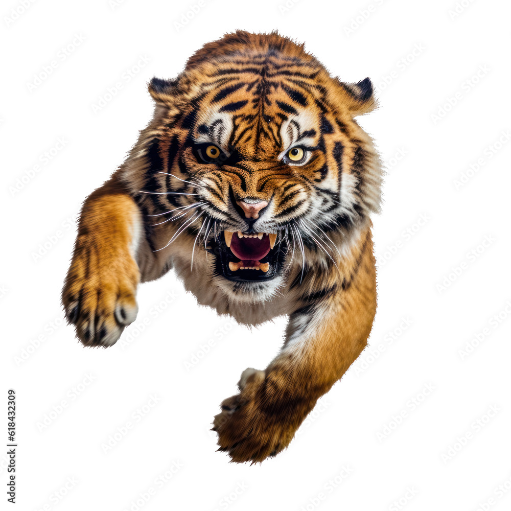 Obraz premium close-up portrait of a wild tiger, attacks, jumps towards the camera, angry animal grin, isolated