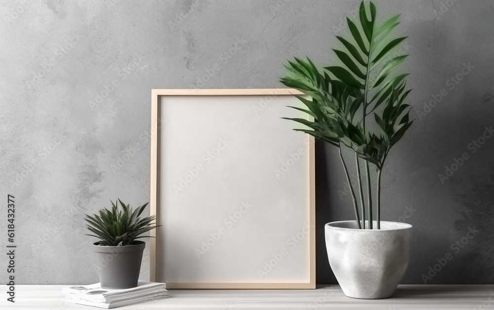 Empty frame with copy space on shelf over grey wall with flowers in vase, blank vertical frame, minimalist design scene, modern interior mockup