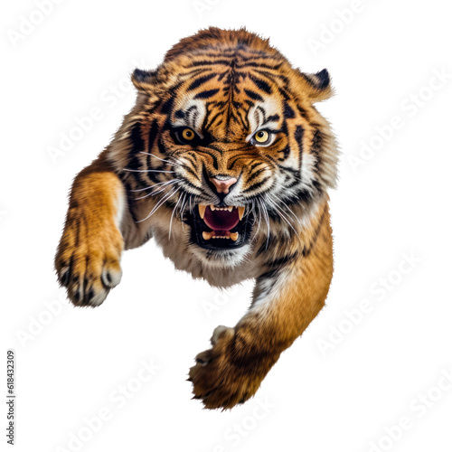 close-up portrait of a wild tiger, attacks, jumps towards the camera, angry animal grin, isolated