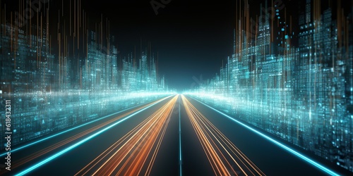 3D rendering of an abstract highway path through digital binary towers in the city. Big data concept  artificial intelligence  hyperloop  virtual reality  high speed network  machine learning