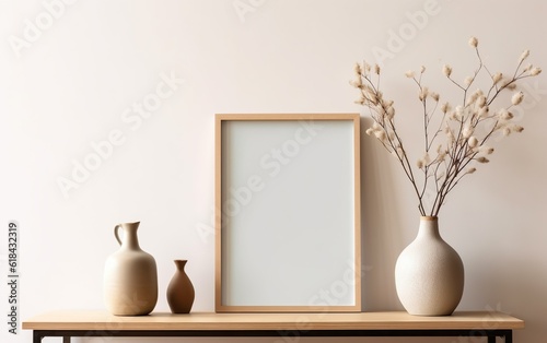 Wooden frame mockup on shelf over beige wall with flowers in vase, blank vertical frame with copy space. Contemporary interior mockup. © lanters_fla
