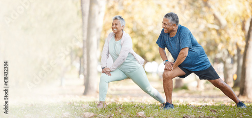 Fototapeta Naklejka Na Ścianę i Meble -  Fitness, stretching and senior couple in park for healthy body, wellness and active workout outdoors. Retirement, sports and man and woman stretch legs on grass for exercise, training and warm up