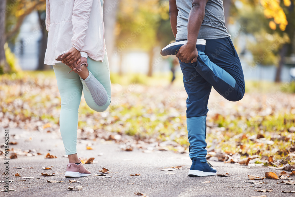 Obraz premium Fitness, couple and stretch with legs in outdoor for workout or sports, wellness, health. Friends, training and man with woman for warm up at park for cardio, runner or endurance with motivation.