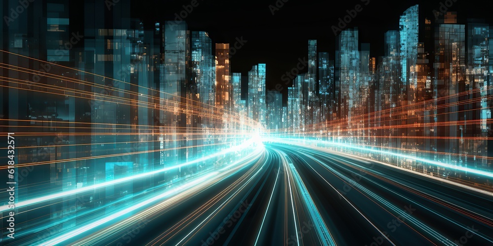 3D rendering of an abstract highway path through digital binary towers in the city. Big data concept, artificial intelligence, hyperloop, virtual reality, high speed network, machine learning