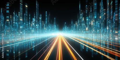 3D rendering of an abstract highway path through digital binary towers in the city. Big data concept, artificial intelligence, hyperloop, virtual reality, high speed network, machine learning photo