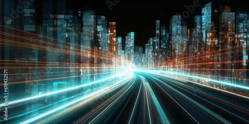 3D rendering of an abstract highway path through digital binary towers in the city. Big data concept, artificial intelligence, hyperloop, virtual reality, high speed network, machine learning