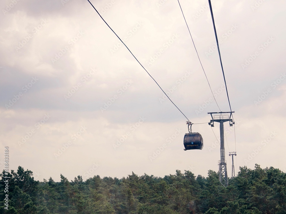 Scenic cable car ride through a lush forest with tall trees in the background Scenic cable car ride through a lush forest with tall trees in the background