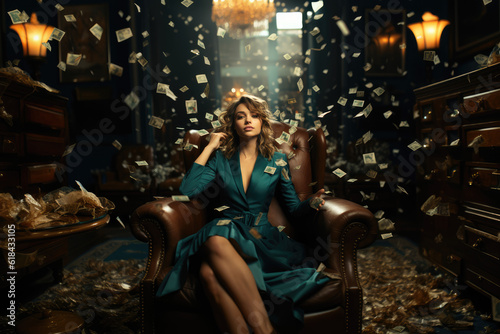 Prosperous Businesswoman. Throwing Dollars Money while Seated on Dark Teal and Gold Sofa. AI Generative