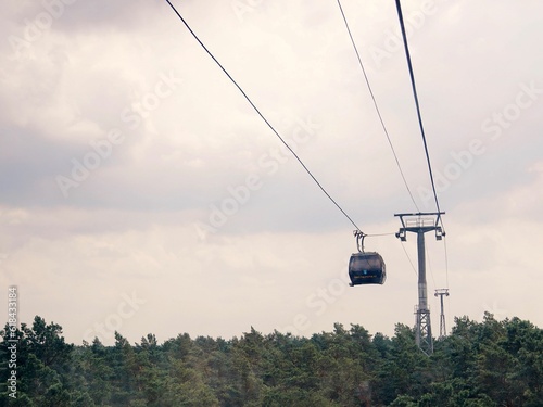 Scenic cable car ride through a lush forest with tall trees in the background