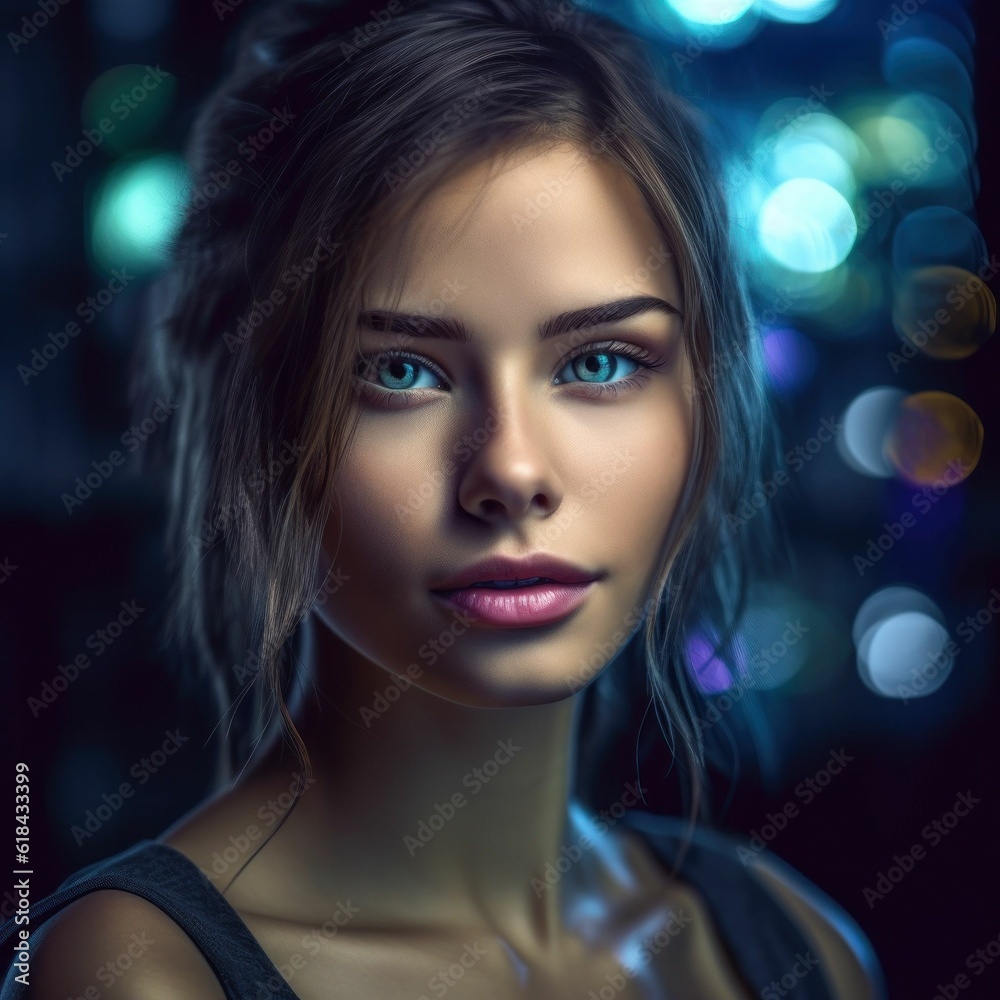AI generated illustration of an attractive young woman with bright green eyes and a black top AI generated illustration of an attractive young woman with bright green eyes and a black top