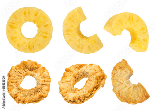 Pieces of pineapple on a white isolated background. Dried and ripe pineapples are cut into slices and rings. Pineapple isolate in different shapes. To be inserted into a design or project.