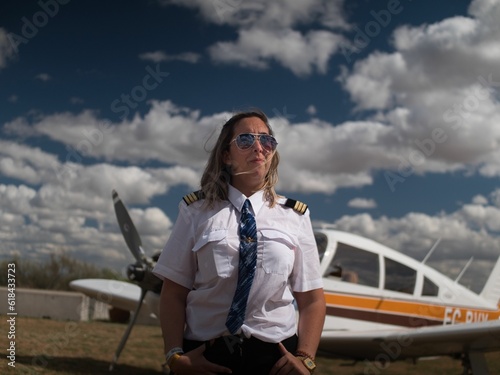 Blonde female pilot dressed in uniform posing near an airplane.