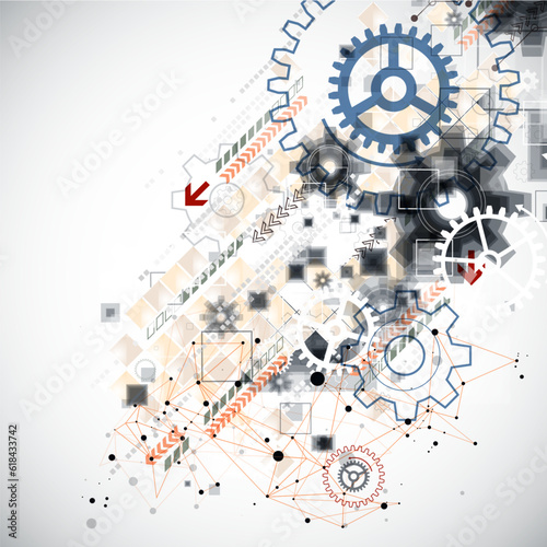 Abstract technological background with cogwheels and plexus effect.
