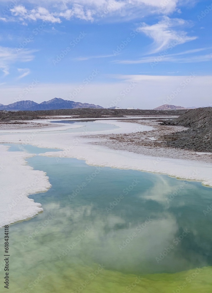 Idyllic landscape with mountain salt lakes set against a backdrop of majestic mountain peaks