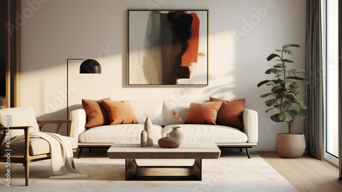 Stylish Living Room Interior with an Abstract Frame Poster  Modern Interior Design  3D Render  3D Illustration