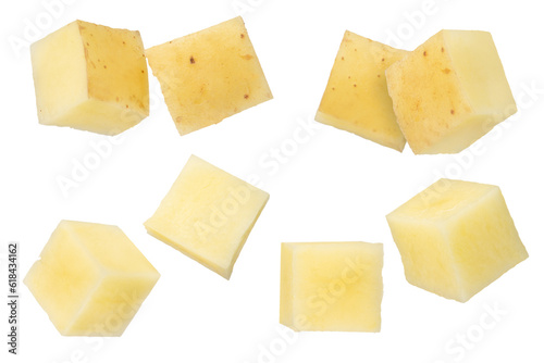 Raw vegetables. Potato cubes with peel isolated on white background. The concept of junk food, cooking dishes from potatoes. To be inserted into a design or project.