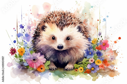 Leinwand Poster Watercolor painting of a cute hedgehog in a colorful flower field