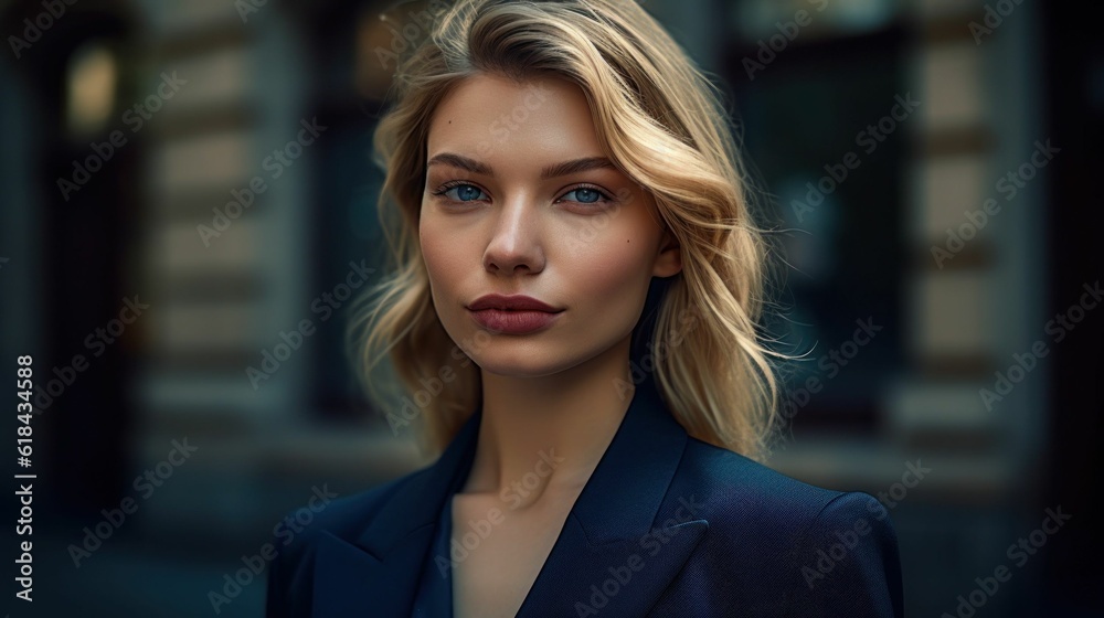 AI generated illustration of a blond woman wearing a stylish business suit on the city street AI generated illustration of a blond woman wearing a stylish business suit on the city street