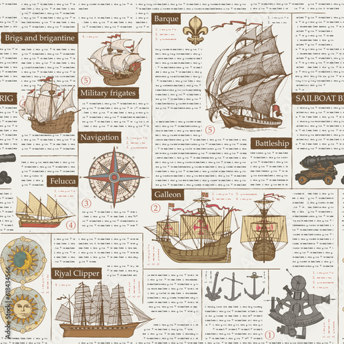 seamless vector pattern background with drawings on the theme of sailing ships and sea travel and adventure. magazine or newspaper page. suitable for wallpaper, wrapping paper.