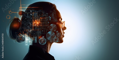 Ambient portrait of cyborg female head wearing glasses, a woman looking at digital symbols in technology tejido, head image when some digital information enters her head, computer aided manufacturing photo