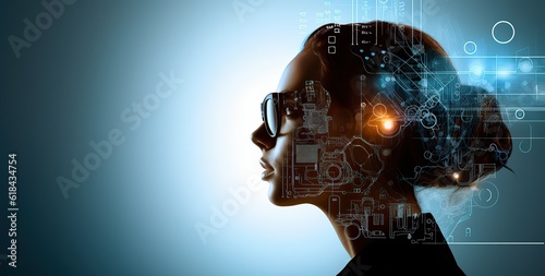 Ambient portrait of cyborg female head wearing glasses, a woman looking at digital symbols in technology tejido, head image when some digital information enters her head, computer aided manufacturing