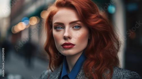 AI generated illustration of a young female with red hair and blue eyes in a suit