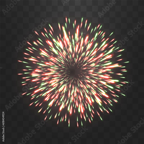Festive fireworks with brightly shining sparks. New Year's Eve fireworks. Realistic sparks and explosions. Colorful pyrotechnics show. Vector isolated on png background.