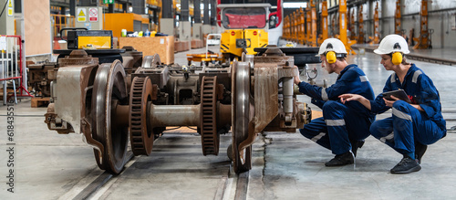 Male engineer and female maintenance staff in uniform looking at electric train parts for repairing electric train in electric train depot factory.
