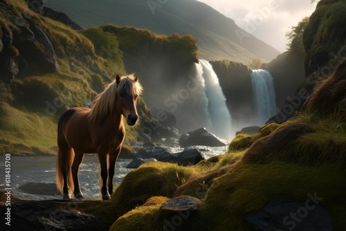 AI generated  Icelandic horse standing near lake surrounded by greenery mountains photo