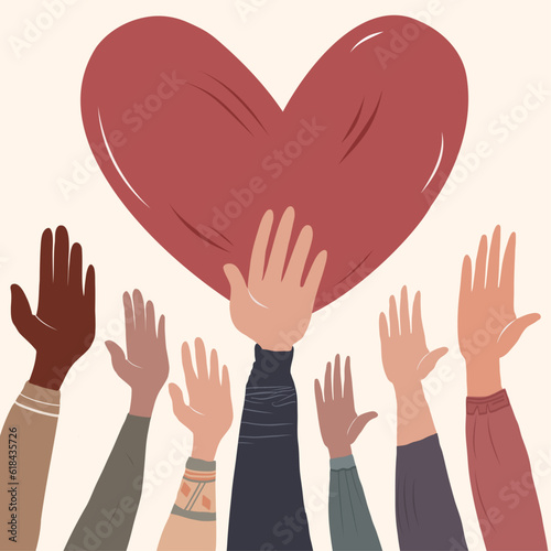 Poster with volunteer people with raised hands and background with red heart shape. Charitable donation. Support and assistance. Multicultural community. NGO. Aid. Help. Volunteerism