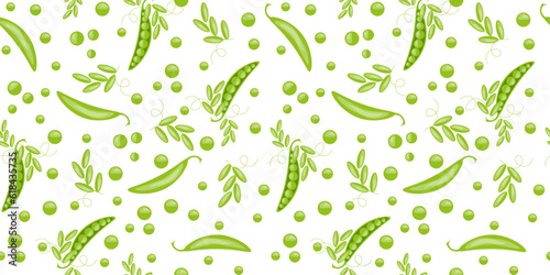 Seamless pattern with Cartoon Green Peas in the Pod isolated on white background. Wallpaper and bed linen print with Spring vegetables. Vector illustration. Pea brush.