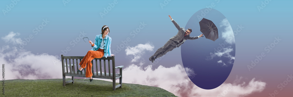 Stylish young woman in retro clothes meeting man in formal wear, flying with umbrella from sky. Contemporary art collage. Concept of surrealism, futurism, creativity, imagination, fantasy, ad Stylish young woman in retro clothes meeting man in formal wear, flying with umbrella from sky. Contemporary art collage. Concept of surrealism, futurism, creativity, imagination, fantasy, ad