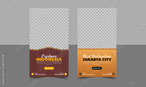 Explore indonesa social media instagram story post template design, travel agency social media post template design, roll up banner design, trip banner, tour banner design