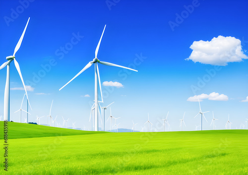 wind turbine on meadow and bright blue sky. ai generated 