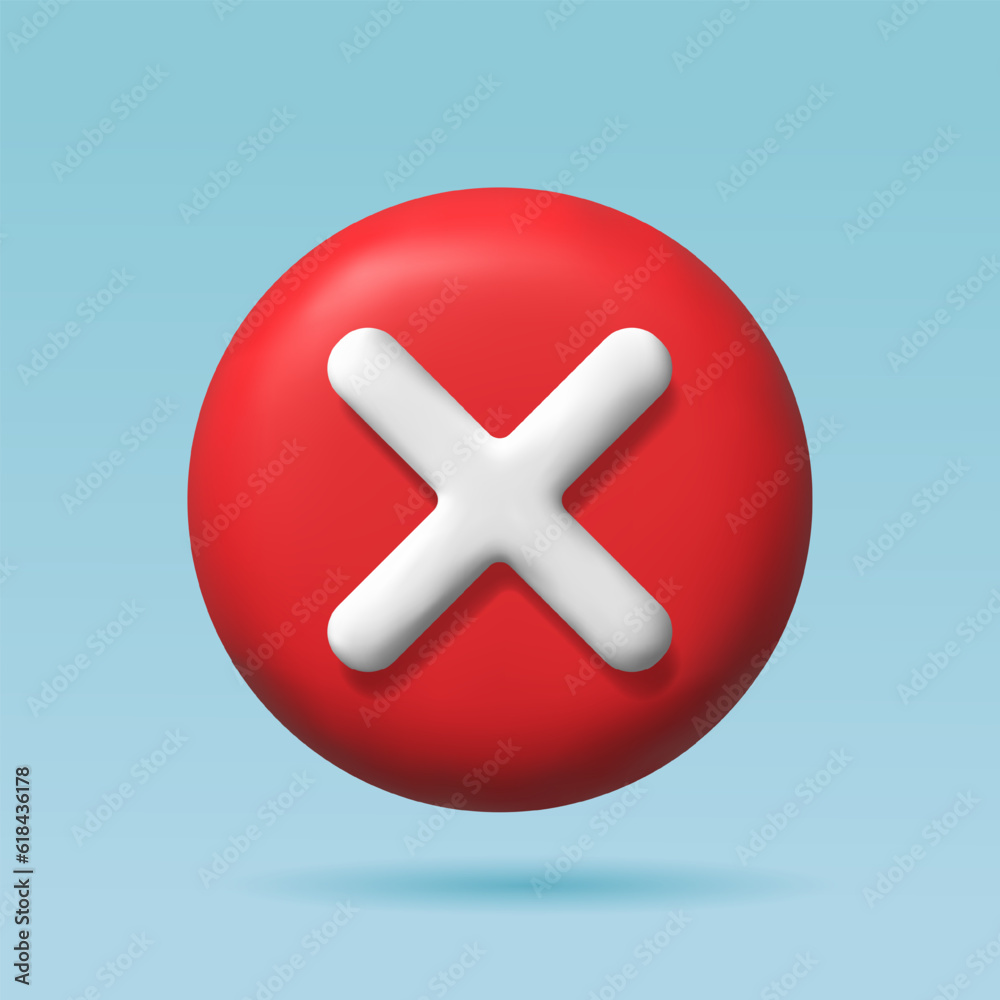 Fototapeta premium 3d icon close button. Red button cross, exit, cancel, error, rejected. 3d cross for web, mobile application.