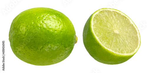 Lime on a white isolated background. Lime halves of different sizes from different sides close-up. Suitable for advertising banner.