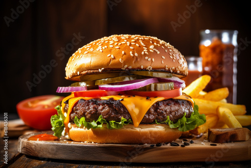 hamburger on a plate  in a wooden countertop  Generative AI