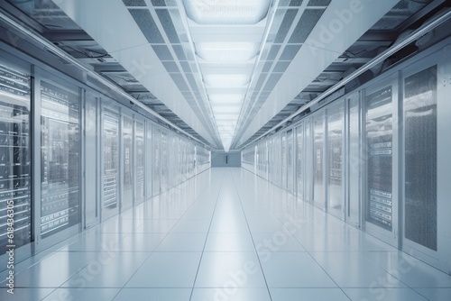 data center, Server, Unleashing the Power of Technological Marvel: Exploring a White Data Center with Long Hallways, Large Computers, and an Aura of Opacity